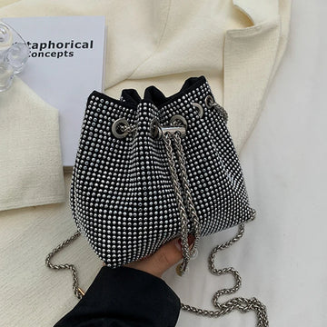 Xajzpa Bright Rhinestone Shoulder Bag Women Chains Crossbody Bag Drawstring Bucket Handbag Luxury Lady Armpit Handbag Daily Totes